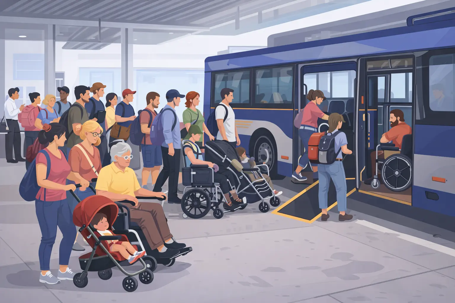 Illustration of a crowded bus terminal where passengers queue to board, including people with strollers and wheelchair users using an accessibility ramp.