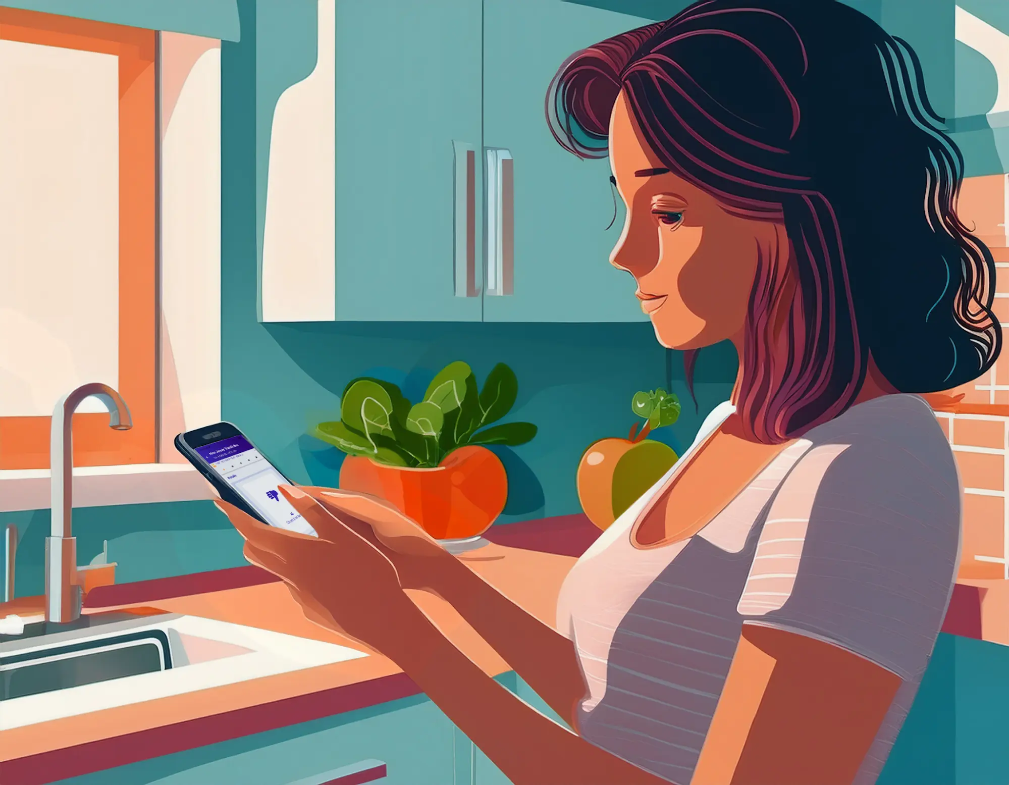 Digital illustration of Mei checking the Transitarius app from her home kitchen.
