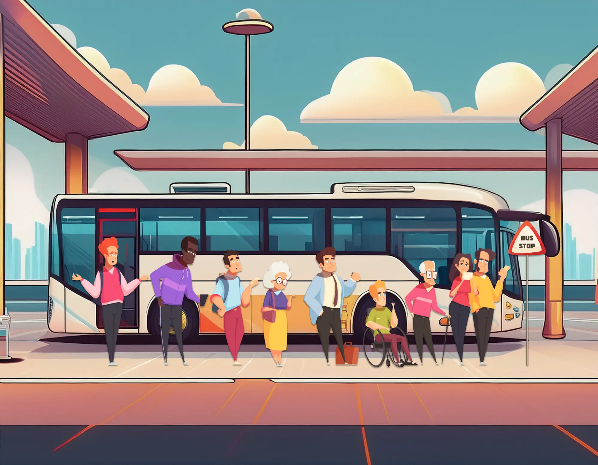 A diverse group of commuters waiting in a long, uneven line at a bus stop, including elderly passengers and a wheelchair user..