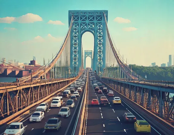 Digital illustration of heavy traffic on George Washington Bridge causing bus morning delays.