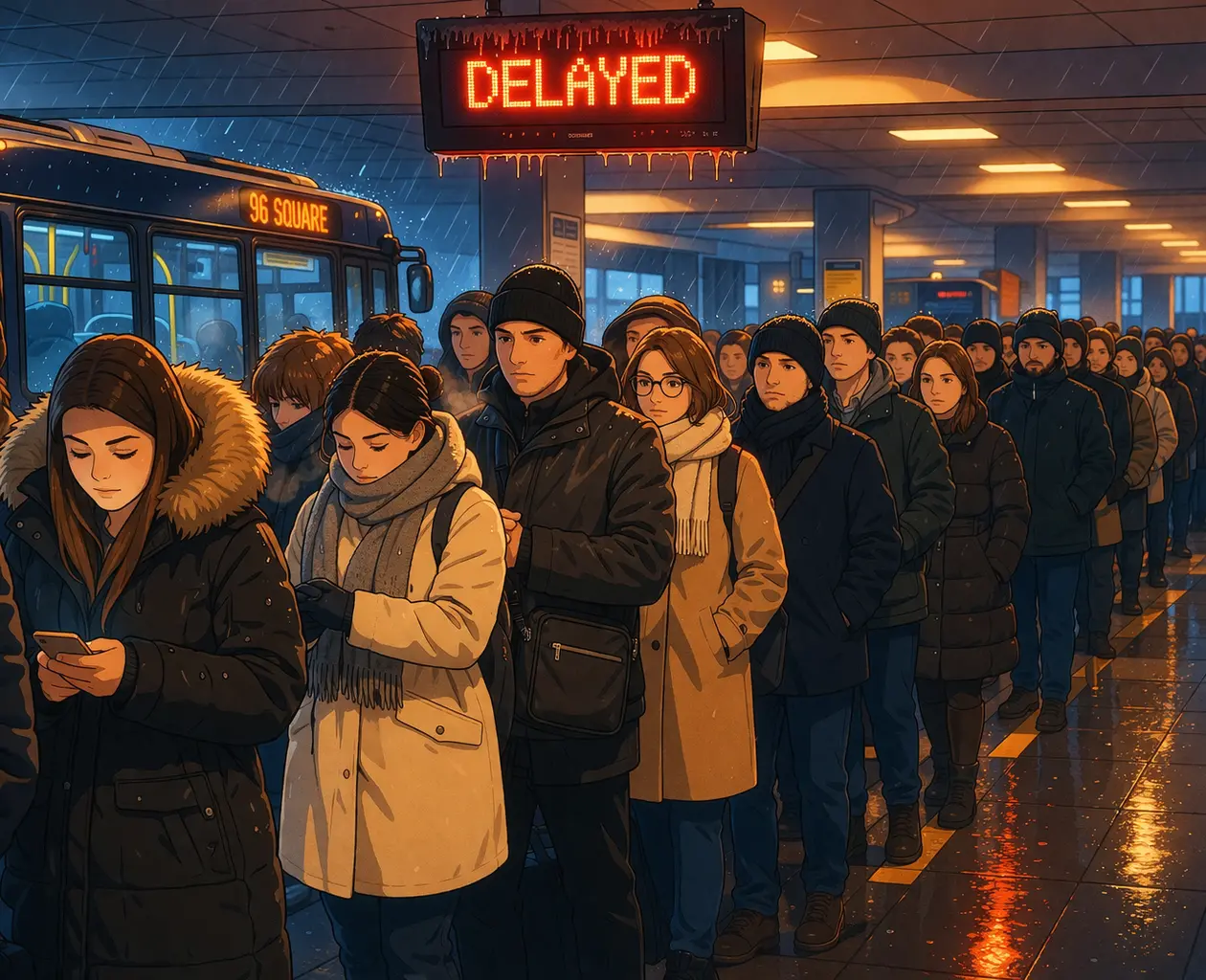 Long waiting line inside a bus terminal caused by delayed boarding and stalled information screens..