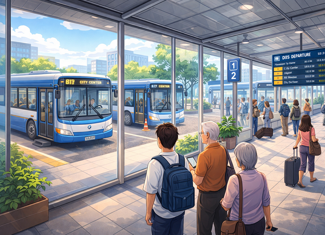 Crowded bus terminal platform showing multiple buses and commuters boarding