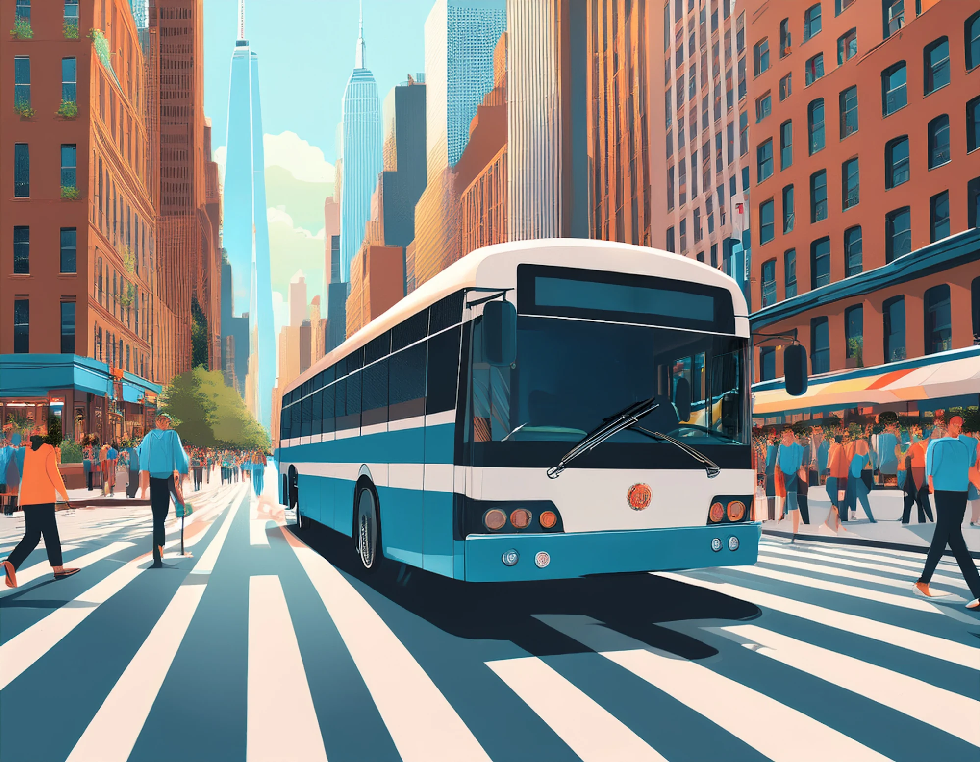 Digital illustration of a city bus cruising on a New York City street with shops and people.