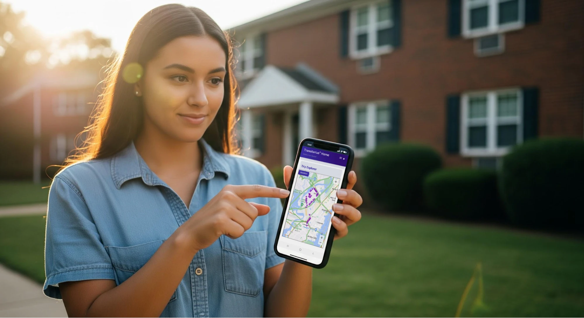 Student checking the Transitarius transit app before choosing a different bus stop to avoid delays.