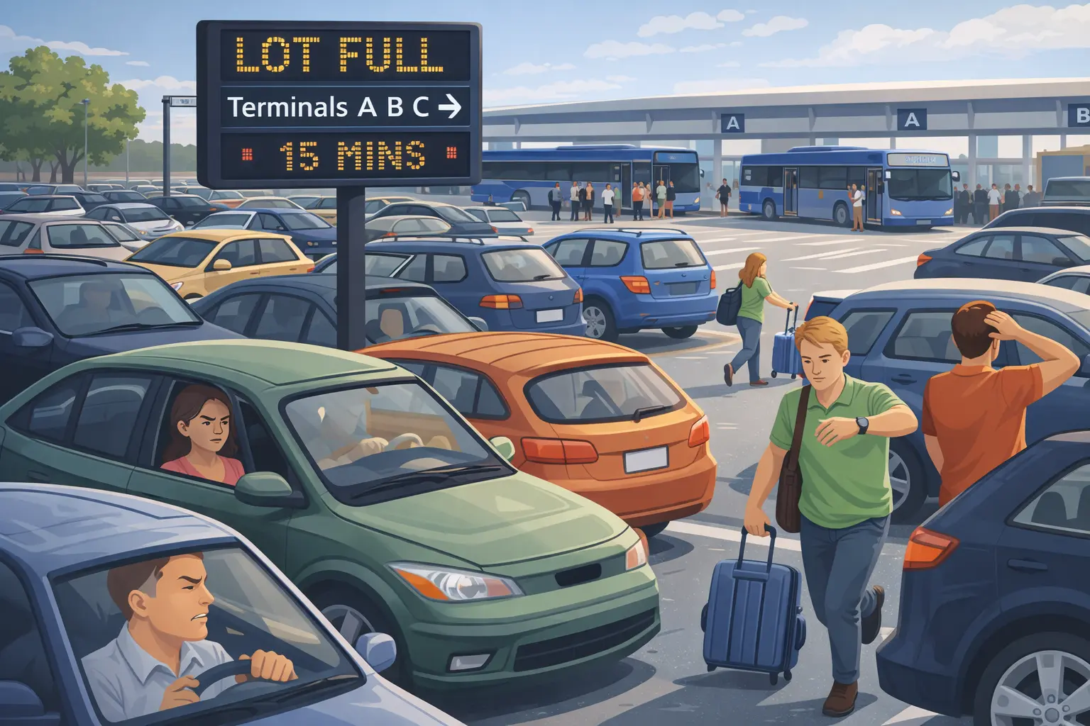 Illustration of a crowded parking lot near a bus terminal with a “Lot Full” sign, drivers searching for spaces, and commuters hurrying toward buses in the background.